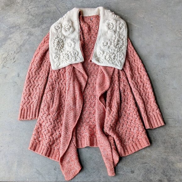 Anthropologie Knitted & Knotted Lilitz Cardigan Sweater Red Ivory Collar large - Picture 1 of 12